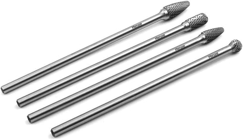 Mesee 4Pcs Tungsten Carbide Rotary Burr Set, 6-Inch Long Rotating Tools Kit with 6mm Shank for DIY Woodworking/Metal