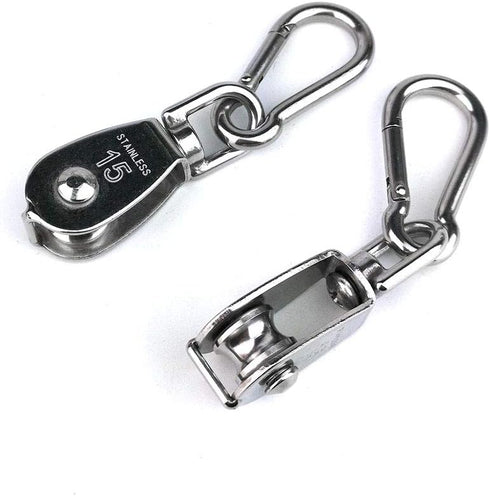 2PCS 304 Stainless Steel Single Pulley Block M15, Wire Rope Crane Pulley Block with 2PCS Spring Snap Hook.