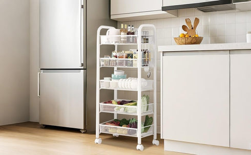 Naiveferry 5-Tier Rotating Vegetable Storage Rack with Wheels, Metal Mesh Fruit Basket with Lid, Potato Onion Storage