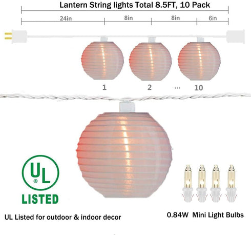 8.5Ft 10 White Lantern String Lights Plug in, Hanging Indoor Decorative String Lights with Cute White Nylon Lanterns