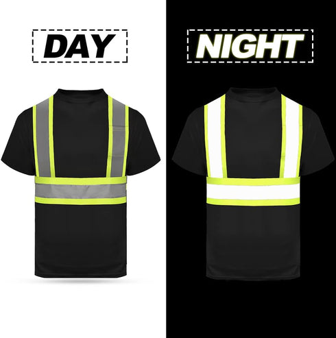 HYCOPROT High Vis Reflective T Shirt, Short Sleeve Safety Mesh Quick Dry Shirts (Black, Large)