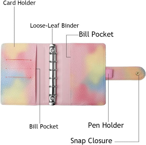 Pink PU Leather Budget Binder Cover, A7 6-Ring Money Organizer, Refillable Loose Leaf Notebook