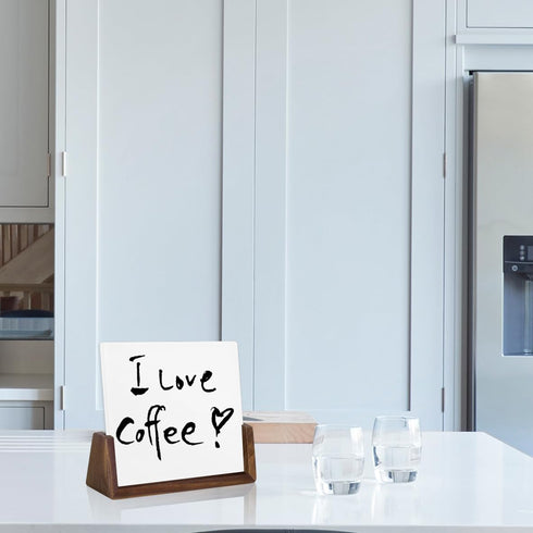 Glass Dry Erase Board with Walnut Wood Base, Mini Memo Whiteboard for Tabletop Display (Walnut Base, White Glass)
