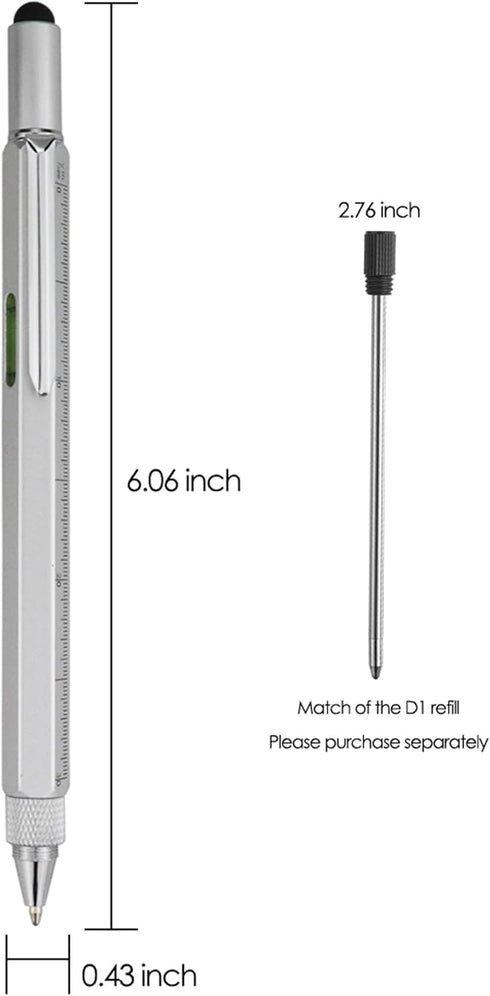 HeTaoCat Gifts Multi Tech Tool Pen 6 in 1 Stylus Pen - Screwdriver Pen with Ruler, Levelgauge, Ballpoint Pen (Silver)