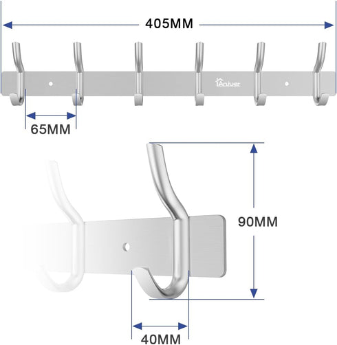Wall Mounted 16 Inch Coat Hanger Rack, 6 Hooks Aluminum Alloy Silver for Kitchen Bathroom