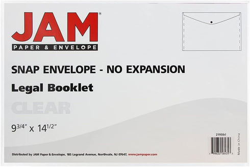JAM PAPER Plastic Envelopes with Snap Closure - Legal Booklet - Clear - 12/Pack
