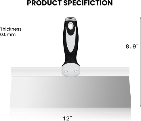 Mister Rui 12" Drywall Taping Knife - Stainless Steel Blade with Soft Grip Handle for Plastering and Skimming
