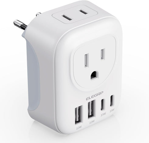 ELEGRP US to Europe Travel Plug Adapter, 2 USB-A & 2 USB-C Ports, Type C Adapters for Spain, Italy, France, 1 Pack