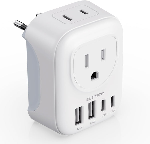 ELEGRP US to Europe Travel Plug Adapter, 2 USB-A & 2 USB-C Ports, Type C Adapters for Spain, Italy, France, 1 Pack