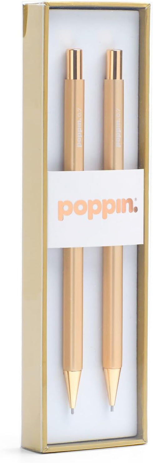 Poppin Mechanical Pencils - Luxury Gold Finish 0.7mm, Hidden Eraser, Set of 2
