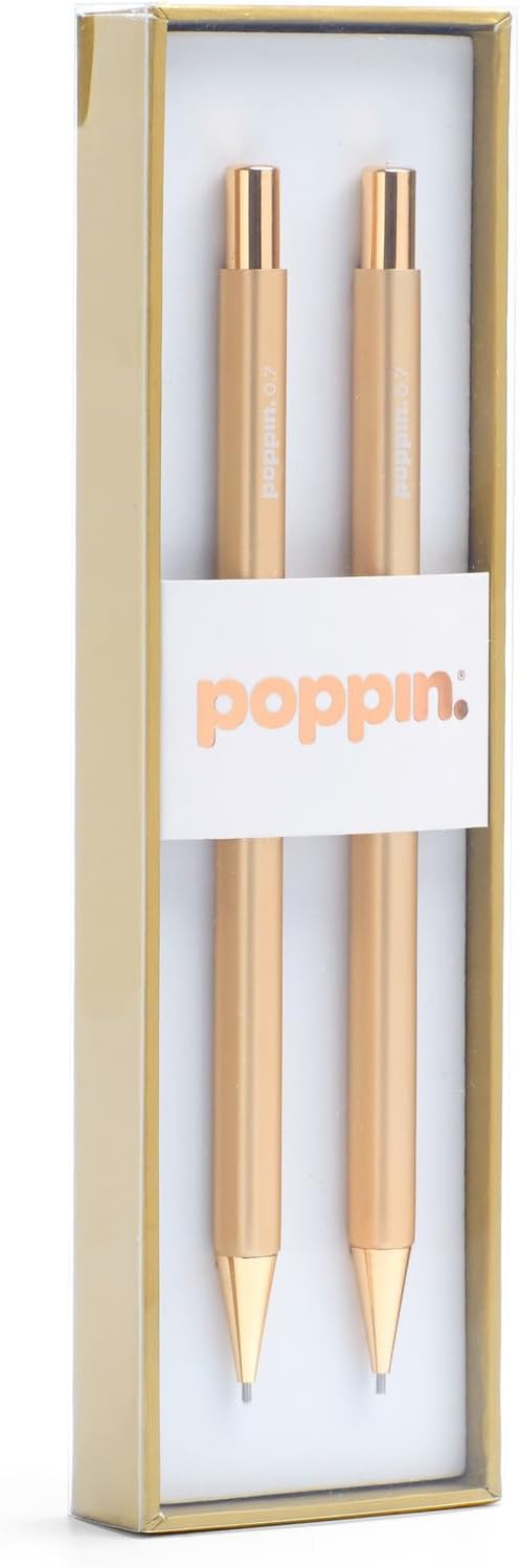 Poppin Mechanical Pencils - Luxury Gold Finish 0.7mm, Hidden Eraser, Set of 2