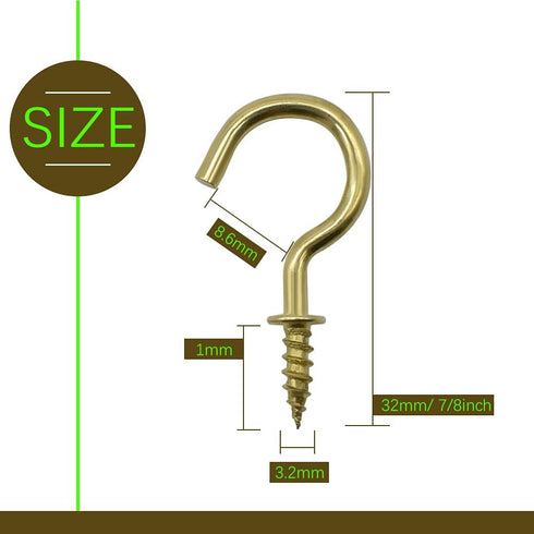 50Pcs Brass Plated Ceiling Hooks | 7/8 Inches Screw Hooks