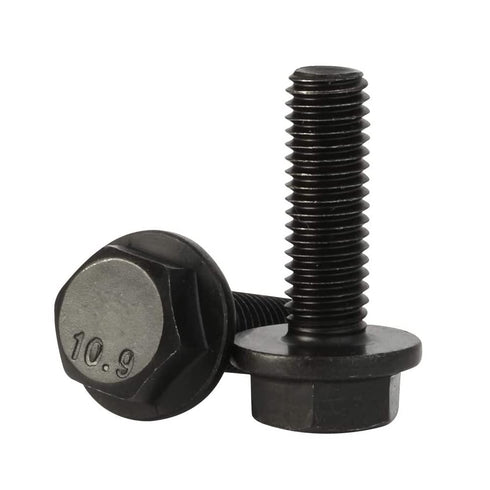 M6 x 20mm Flanged Hex Head Bolts, Full Thread Alloy Steel Screws, Black Oxide Finish, Quantity 25
