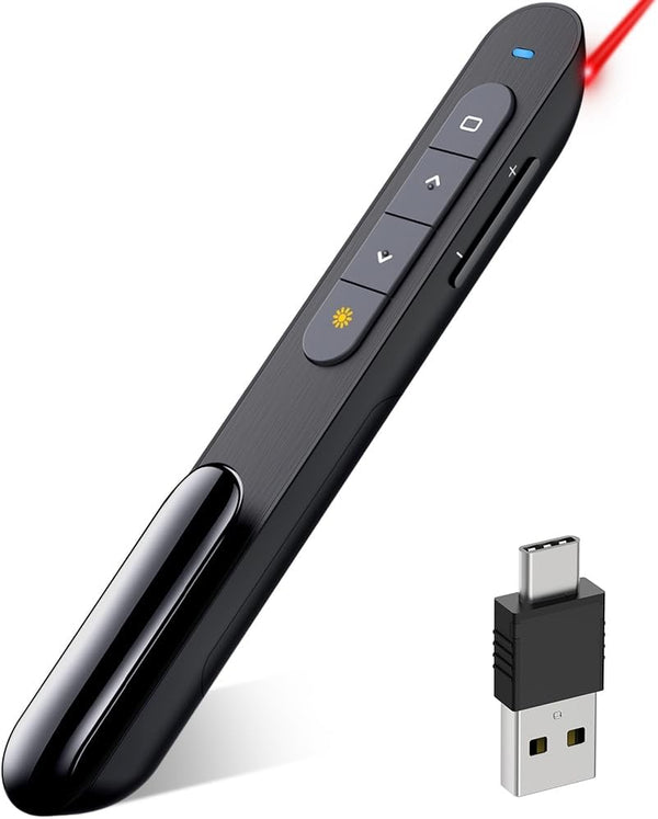 DinoFire USB Type C Wireless Presenter Remote Clicker with Volume Control, Red Pointer, Long Range for Mac PC