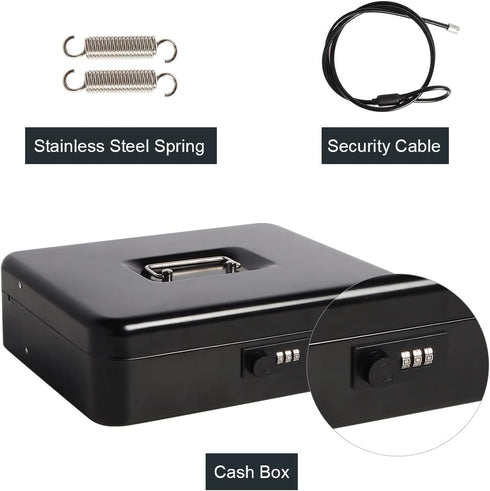 Cash Box with Combination Lock, Durable Metal Cash Box with Money Tray, Security Locker with Cable, Black