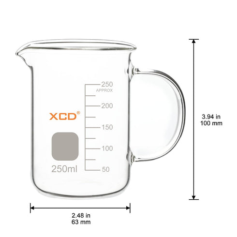 XCD Glass Beaker (250 ml), Borosilicate Glass Beaker Low Form Griffin Graduated Beaker with Handle and Pouring Spout