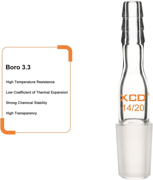 XCD Glass Straight Inlet Adapter, Lab Glass Adapter with 14/20 Male Joint and 10 mm Hose Connection for Laboratory Use