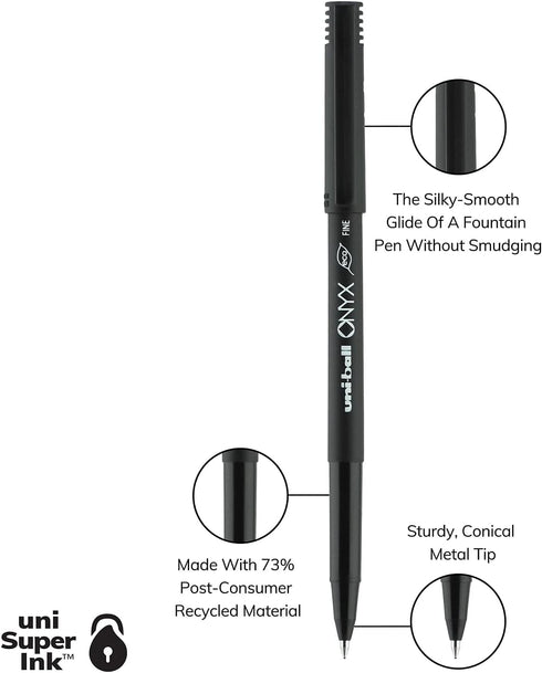 uni-ball 60143 Onyx Roller Ball Stick Pen, Black Ink, Fine Dozen