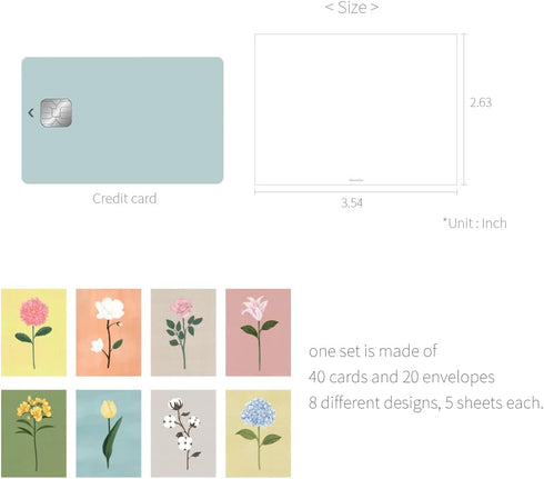 Monolike Message Card The Flower - Mix 40 Cards, 20 Envelopes Pack, Emotional and Sophisticated Mini Cards