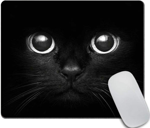 Black Cat Gaming Mouse Pad, Custom Design with White Eye Looking, Non-Slip Rubber for Computers, Desktops, PC