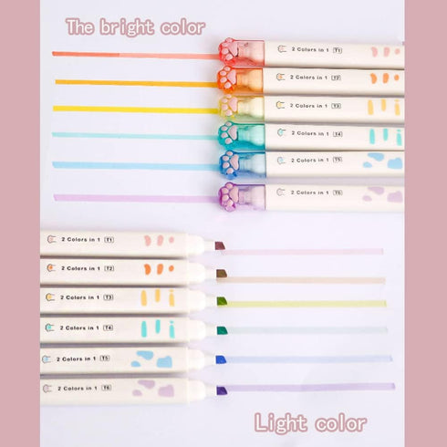 Double-Headed Cute Light Color Eye Protection Highlighter Markers, 6-Pack of 12 Flat Heads for School Supplies