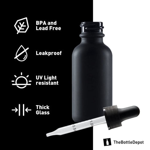 The Bottle Depot - 24 Pack - 1 oz Glass Bottles with Dropper, Black Frosted, UV Rays Protection