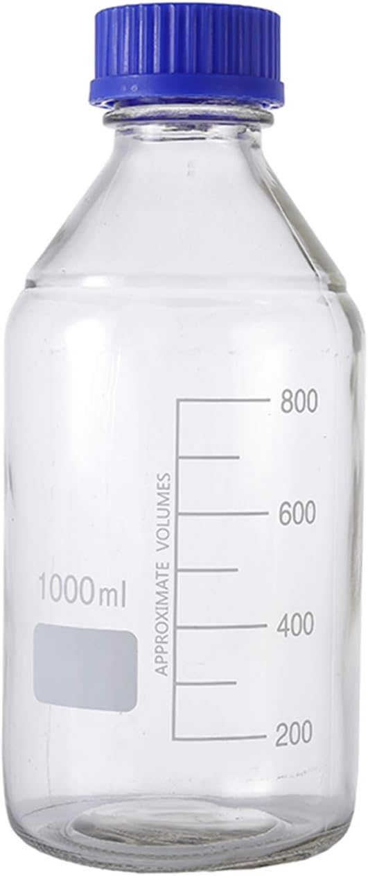 4 Pieces 1000 mL Graduated Round Glass Reagent Media/Storage Bottles with GL45 Blue Polypropylene Screw Cap