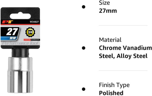 Performance Tool W34827 3/4-Inch Drive 12-Point Standard Socket - 27mm