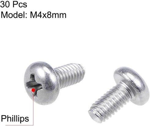 uxcell M4x8mm Machine Screws - 30Pcs Pan Phillips Cross Head 304 Stainless Steel Fasteners