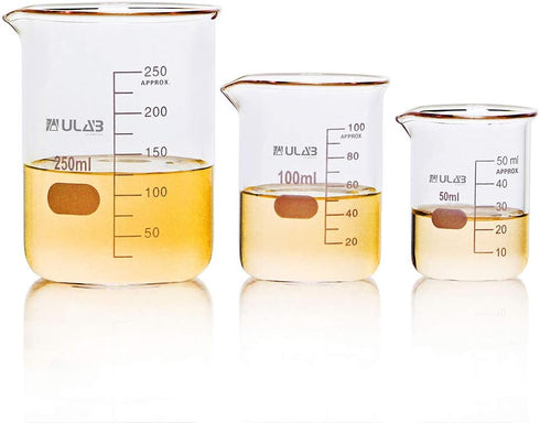 ULAB Scientific Glass Beaker Set, 3 Sizes 50ml, 100ml, 250ml, 3.3 Boro Griffin Low Form