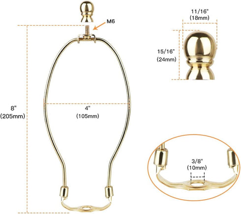 Helunsi 8 Inch Lamp Harp, 2 Set Gold Lamp Shade Holder with Finial, DIY Replacement Adapter for Table & Floor Lamps