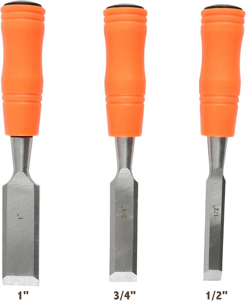 Buck Brothers 120203K 3-Piece Wood Chisel Set With Acetate Handles | 1/2 Inch, 3/4 Inch, 1 Inch Chisels Included | Carve, Cut, and Shape Wood, Install Windows and Doors | Carpentry Tools,Orange by Buck Bros.