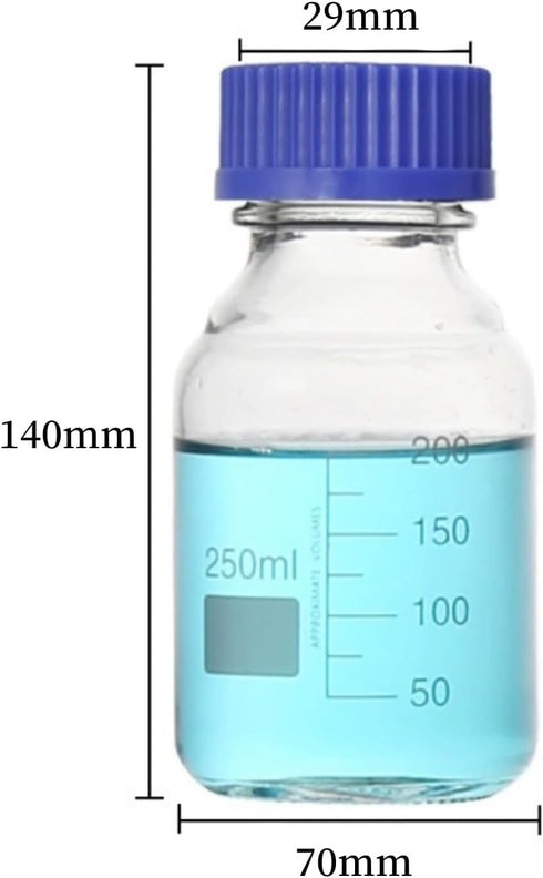 250ml Reagent Media Bottle, Graduated Glass Round Media Storage Bottle with blue GL45 Screw Cap, Wide Mouth Lab Reagent Bottle, Clear,Pack of 1 by QOAEZK