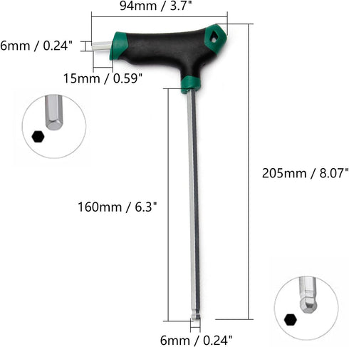 T-Handle Hex Keys Ball End Long Arm Metric Hexagon Allen Wrench Repair Kit Hand Tool for Home Automotive 45 Steel Green 6mm by Hegebeck
