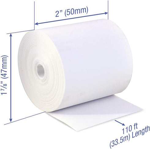 Thermal Paper Rolls 2 x 110 ft | 47mm diameter | Fits Zebra iMZ220 | CORELESS | BPA Free | 32 Rolls per Case