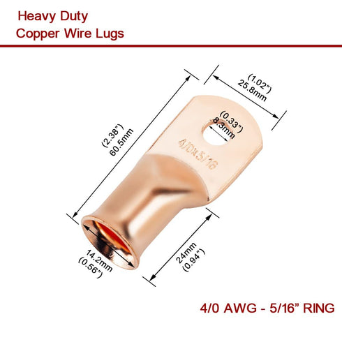 16Pcs 3/0 AWG 3/8" Stud Heavy Duty Copper Wire Lugs with Heat Shrink Tubing, Battery Cable Ends