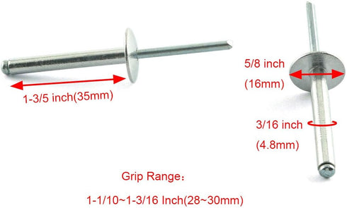 60pcs Large Flange Aluminum Blind Rivet 3/16x1-3/8inch(4.8x35mm) Self-Plugging Open End Decorating Fastener Nails Pop Rivets Core Pulling Rivets