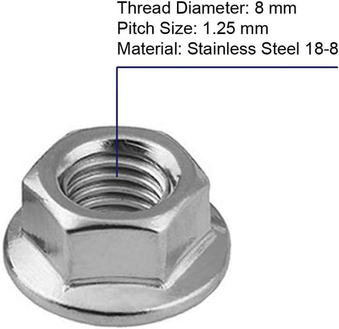 M8 Serrated Flanged Hex Nuts, Stainless Steel 18-8, 25 PCS, Bright Finish