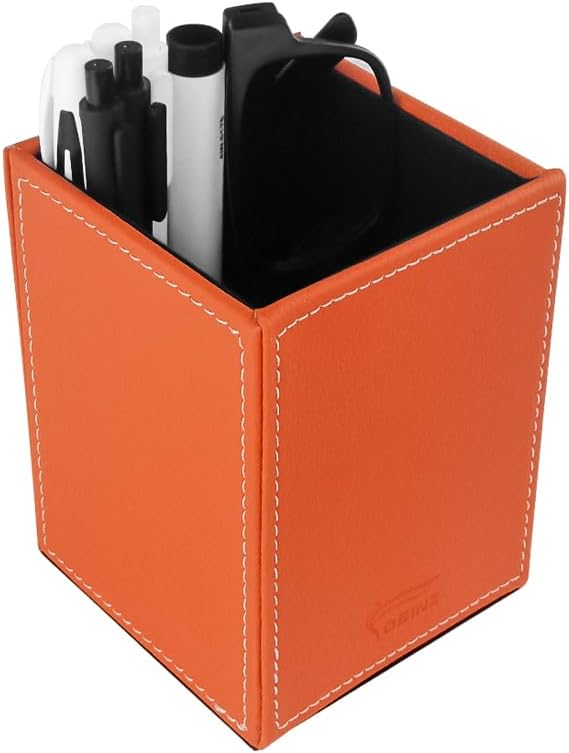 Pen Pencil Holder Cup Container, PU Leather Desk Organizer for Office Home School (Orange, 3.54" x 3.54" x 4.72")