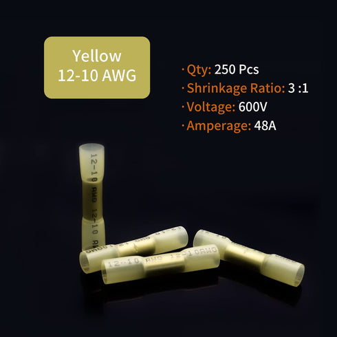 12-10 AWG Heat Shrink Butt Connectors, 250Pcs Yellow Waterproof Crimp Electrical Wire Connectors