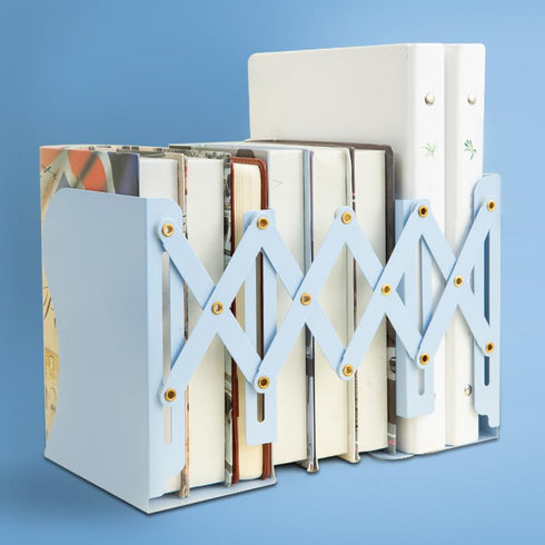 M&G Adjustable Bookends, Metal Bookend for Heavy Books, Desk Magazine File Organizer Holder Extends up to 20in, Blue