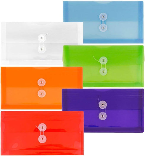 JAM PAPER Plastic Envelopes with Button & String Tie Closure, #10 Business Booklet, 5 1/4 x 10, Assorted Colors, 6/Pack