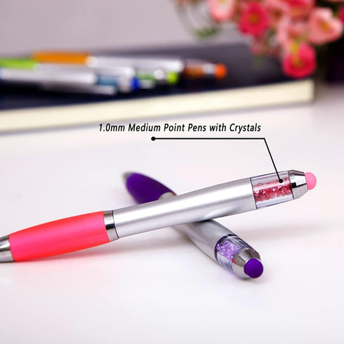 Stylus Pens 2-in-1 Ballpoint Pen - 1.0mm Medium Point Pens with Crystals for Women, Black Ink with Comfort Grip, 5-Count