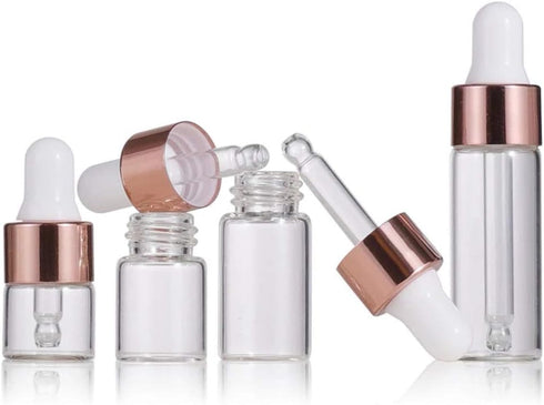 30 Pcs Clear Glass Dropper Bottles, 3ml Essential Oil Sample Bottles with Rose Gold Lids