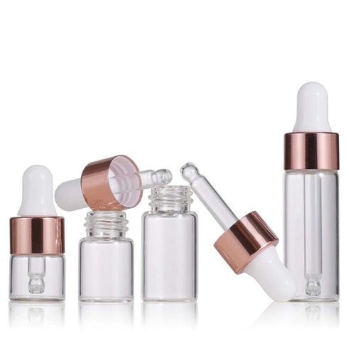 30 Pcs Clear Glass Dropper Bottles - Essential Oil Sample Bottles with Rose Gold Lids (1ml)