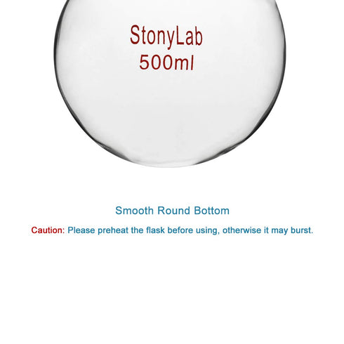 StonyLab Glass 500ml Heavy Wall Round Bottom Flask RBF, 19/22 Center and Side Standard Taper Outer Joint
