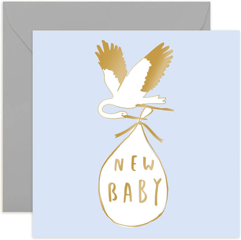 Old English Co. Pastel Stork New Baby Boy Card - Gold Foil
