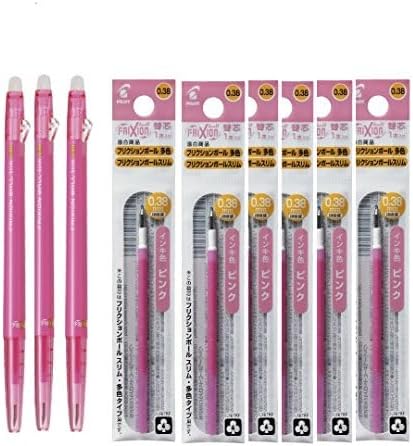 Pilot FriXion Ball Slim 038 Retractable Erasable Gel Ink Pen - Extra Fine Point 0.38mm, Pink Ink, 3 Pens & 6 Refills
