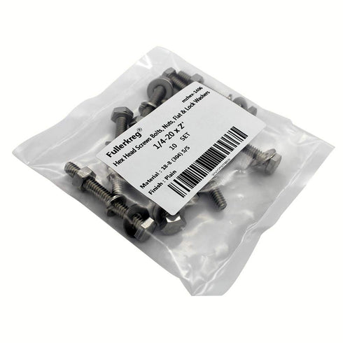 (10 Sets) 1/4-20x2 Stainless Steel Hex Head Screws, Bolts, Nuts, Flat & Lock Washers, 18-8 (304) S/S, Fully Threaded by
