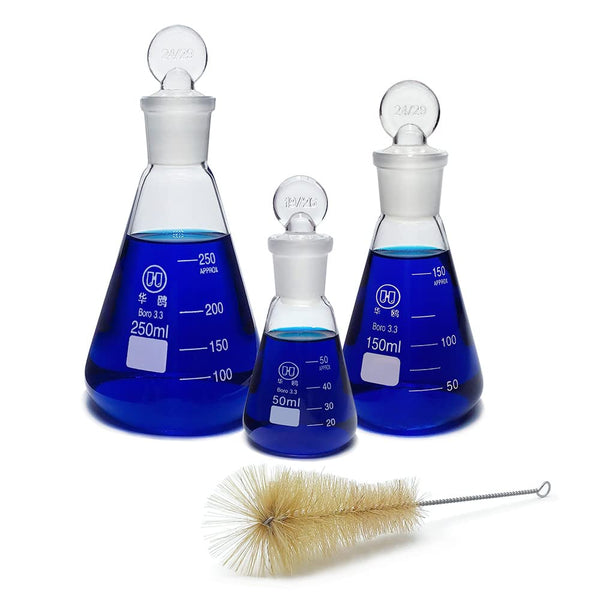 3pcs Glass Erlenmeyer Flask Set, 50ml 150ml 250ml with Stopper, Borosilicate, Narrow Mouth, Printed Graduation